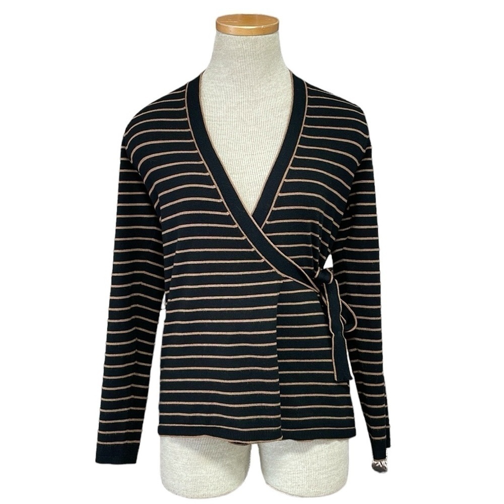 Max Studio Cardigan Women's S Small Black Brown Striped Wrap Sweater NWT